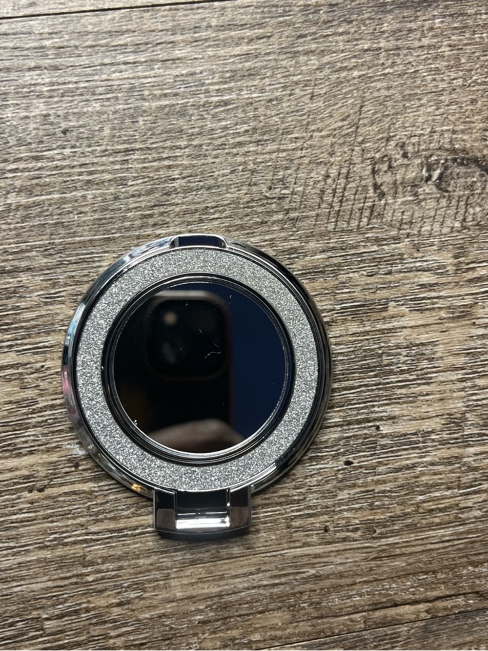 Glitter Silver Phone Ring Clip with Compact Mirror - Stylish Accessory